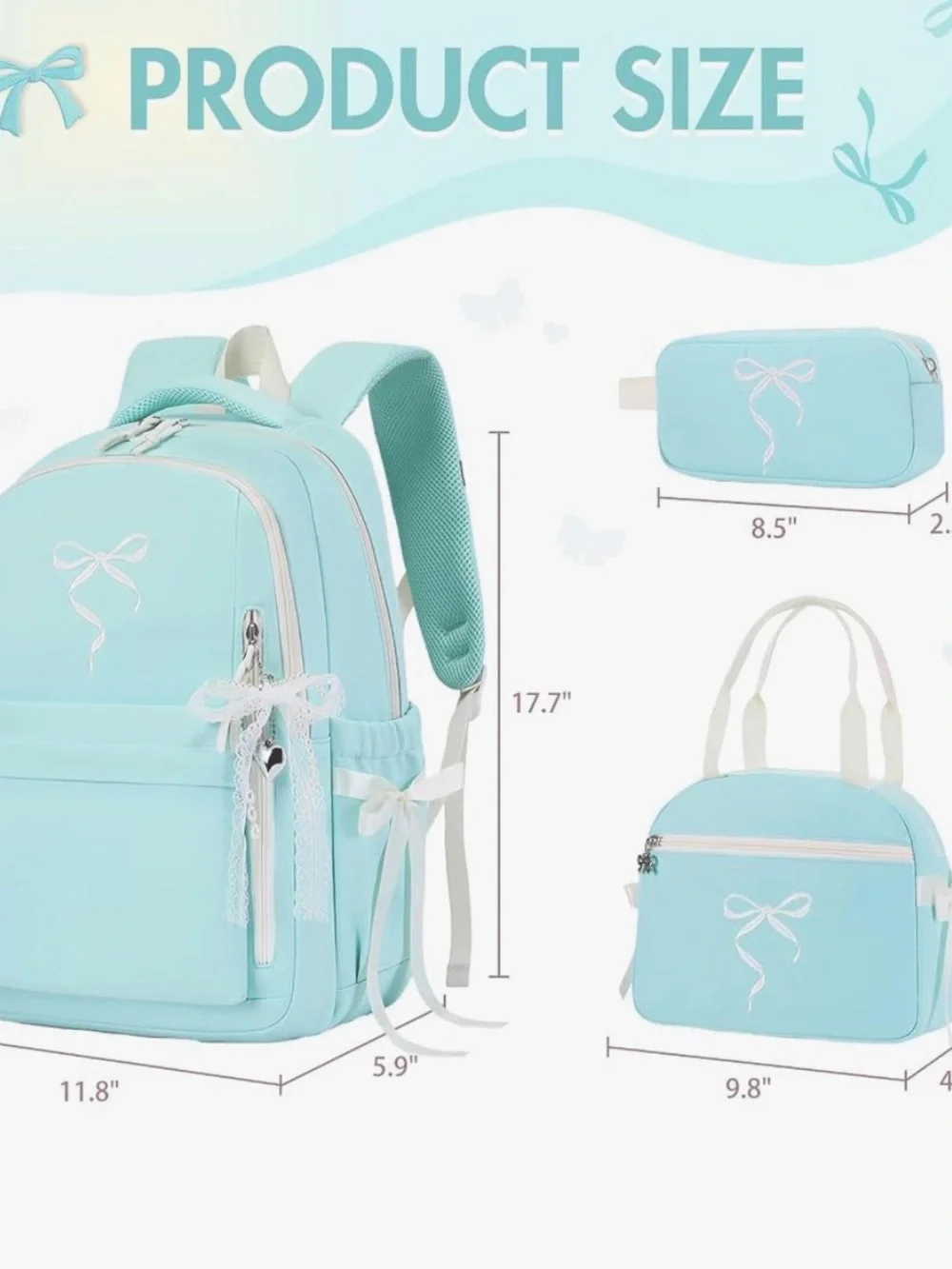Brand New- Kids Light Blue Backpack Set with Bow Accent - Stylish School Bag